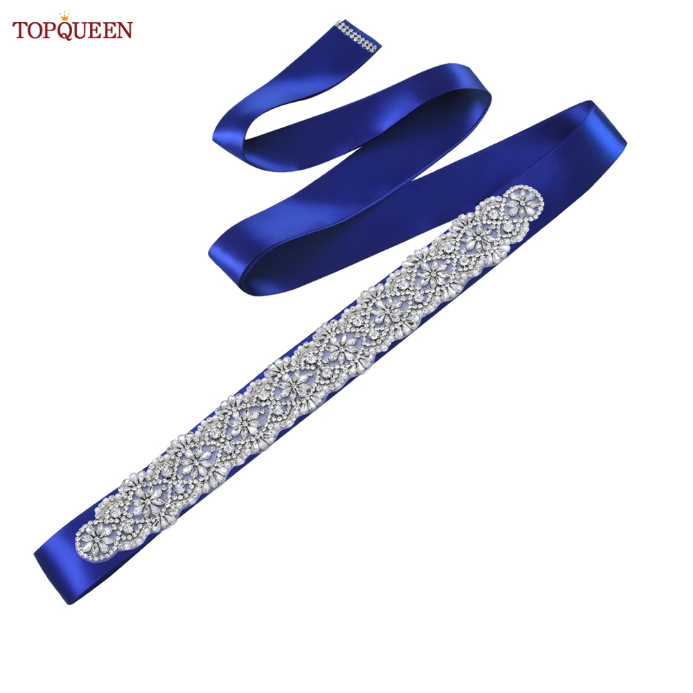 TOPQUEEN S04B damski luksusowy pasek srebrny Rhinestone pas biodrowy ślub kobieta pas pas ślubny aplikacja pasy dla kobiet szeroki: royal blue. ribbon