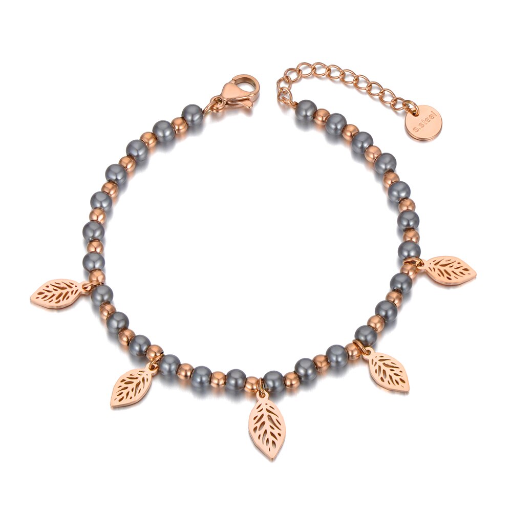 Lokaer titanium roestvrij staal bohemian strand parel kralen armbanden voor vrouwen trendy 5 stuks bladeren bedel armband sieraden  b20115: Roségouden kleur