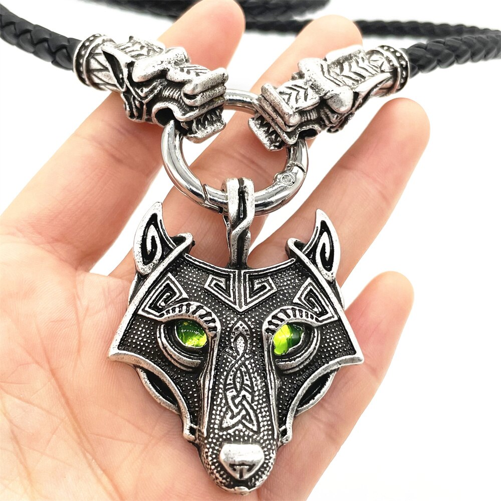 Vintage Groene Ogen Wolf Amulet Hanger Gothic Accessoires Viking Ketting Dubbele Wolven Heads Lederen Ketting Sieraden Voor Mannen