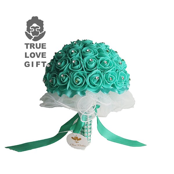 10 Colors Handmade Foam Flowers Crystal Wedding Bouquets Romantic Bridesmaid Rose Bridal Bouquet Ribbon For Wedding Mariage: Green