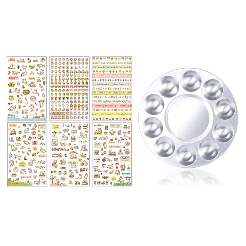 1pcs Metal 10 Well Round Artist Watercolours Paint Mixing Palette Tray & 6pcs Pattern Cute Animals Stickers PVC DIY Decoration D: Default Title