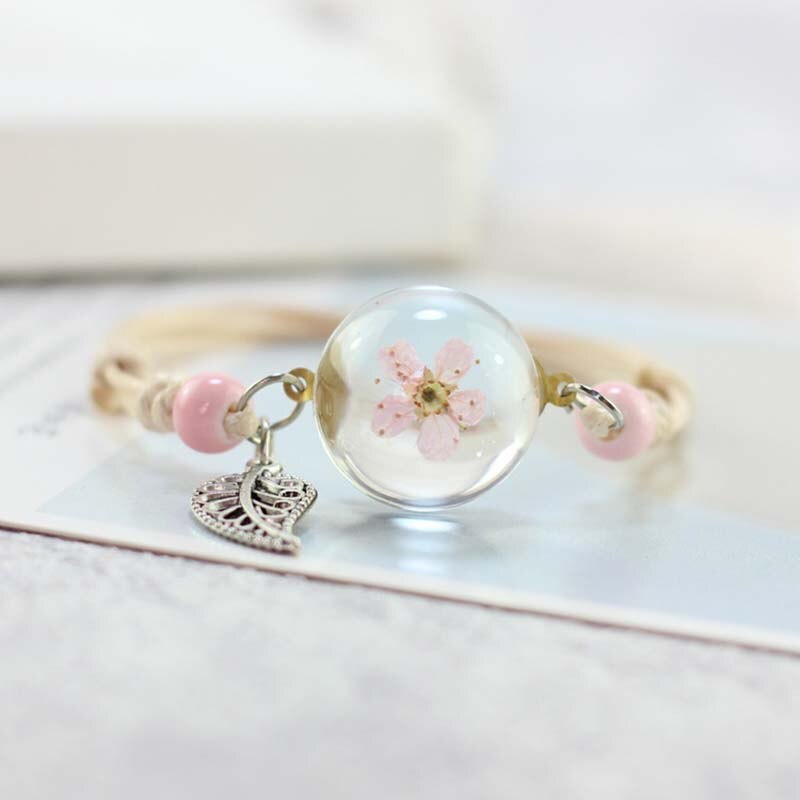 Pulseras bohemias con bola de cristal para mujer, brazaletes de diente de león con flor de melocotón seca auténtica, muestra de planta sencilla, joyería ajustable,: Pink Peach