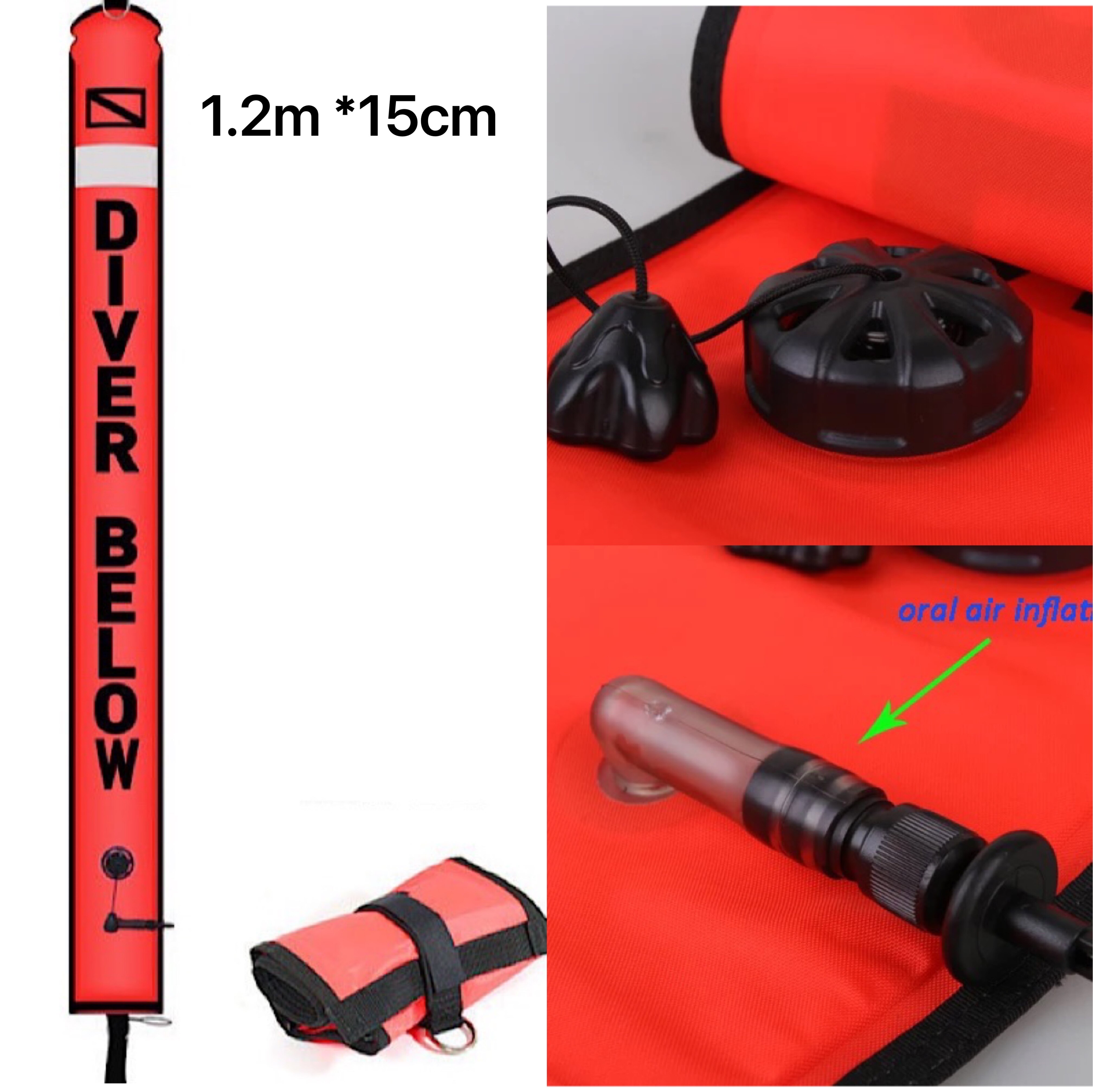 1,2/1.5/1,8 m Reflektierende Tauchen SMB Boje Zwei-Bühne Kopf Blasen Luft Mund Blasen 4,5 CM explosion-Proof Ventil Scuba Tauchen Ausrüstung: 1.2m  15CM orange