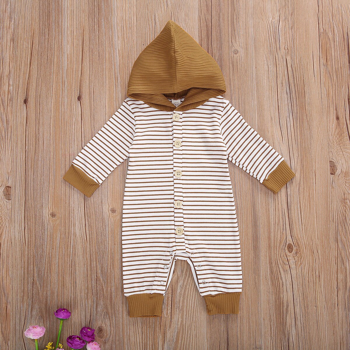 Baby Baby Hooded Romper Gestreepte Lange Mouwen Hooded Jumpsuit Lente Herfst Voor Meisjes Jongens, Kaki/Geel/Roze