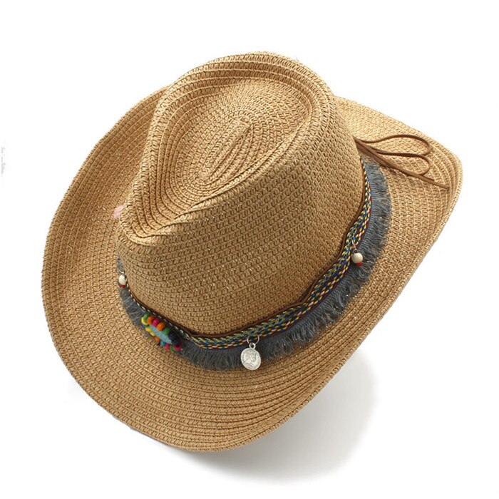 Kvindestøv vestlige cowboyhatte med rullet op bred kant til dame cowgirl jazz hat med kvast sombrero cap sommerstrand solhat: Let kaffe