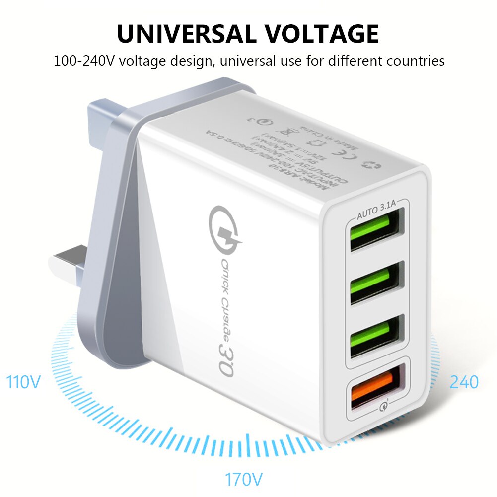 5V 2.4/3A Uk Plug 1/4 Usb-poort Adapter Mobiele Telefoon Lader Apparaat Quick Lading Qc 3.0 mobiele Telefoon Oplader Fast Charger
