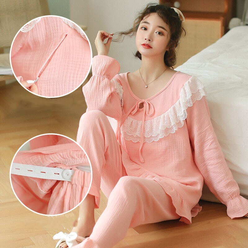 100%  bomulds tynd gaze til graviditetspleje nattøj sød sommer efterår pyjamas til gravide gravide nattøj: 256 / Xxl