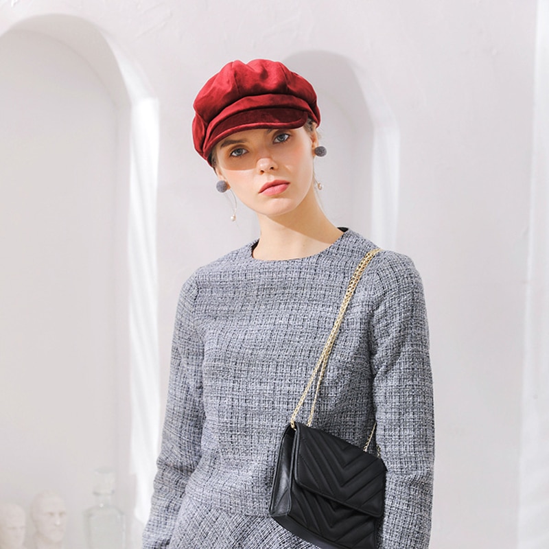 Sammet kvinnor basker höst vinter åttakantiga keps hattar snygg konstnär målare tidningspojke kepsar svart röd basker hattar  m154