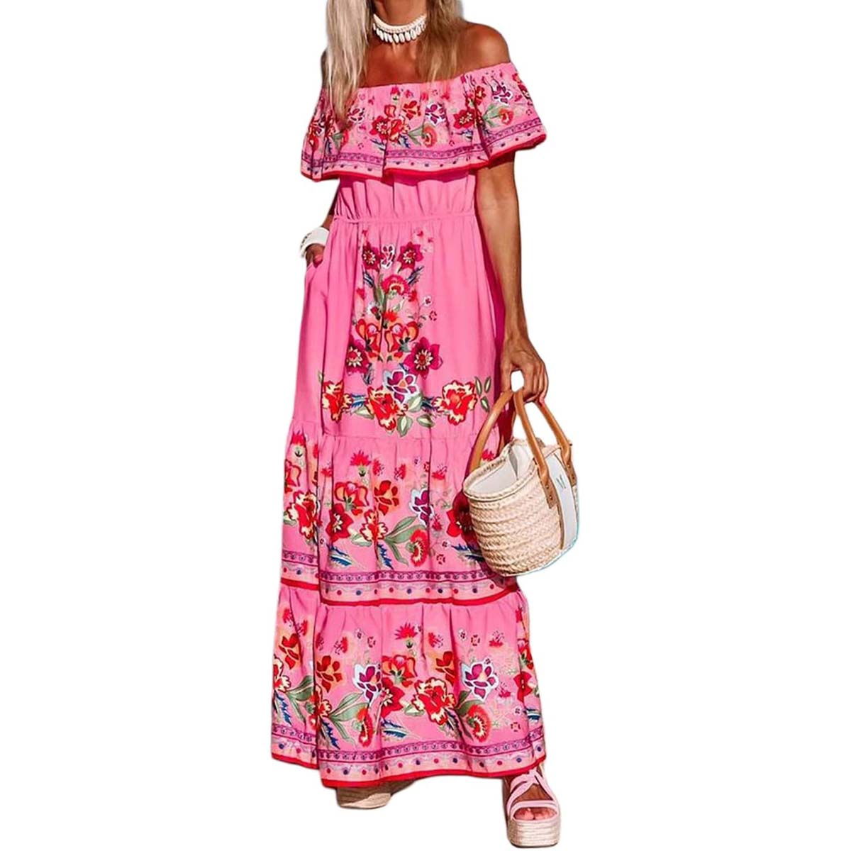 Mexican Traditional Ethnic Mexican Cinco De Mayo Summer Floral Print Off Shoulder Women Mexican Dress: S / Rose Red