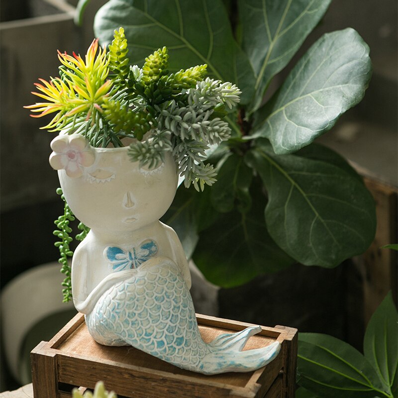 Pot de fleur de sirène mignon, Mini Vase de dessin animé, ornements en forme de poisson, Succulents amoureux des fleurs vertes, décoration de jardin pour la maison: B