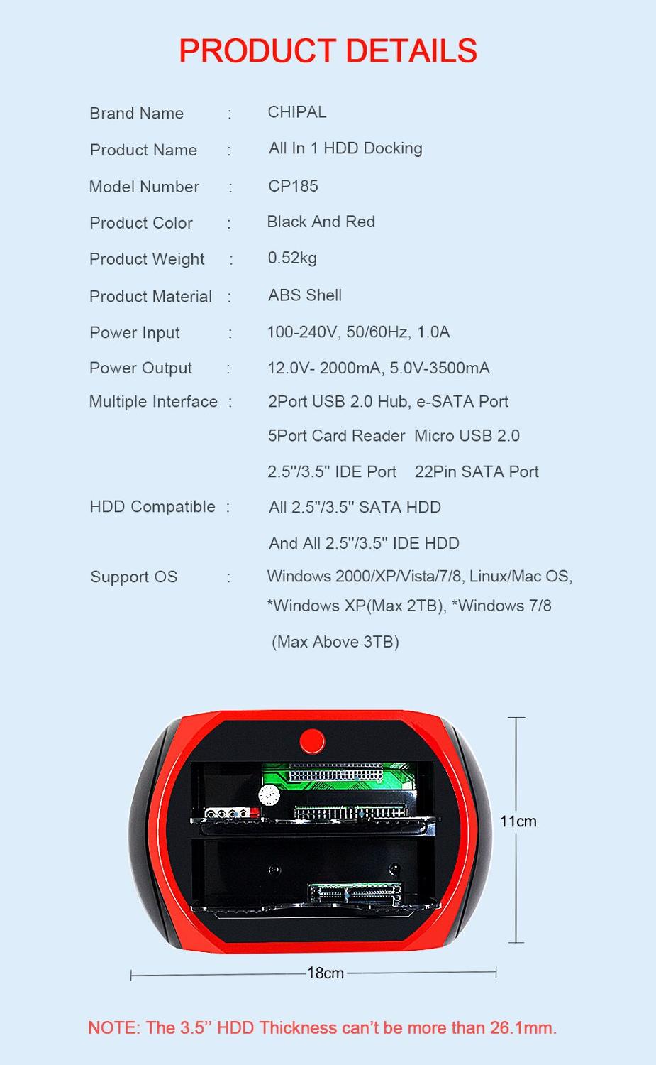 CHIPAL SATA IDE HDD Stacja Dokująca 2.5" 3.5" - Czytnik Zewnętrzny USB 2.0 - MJTEK