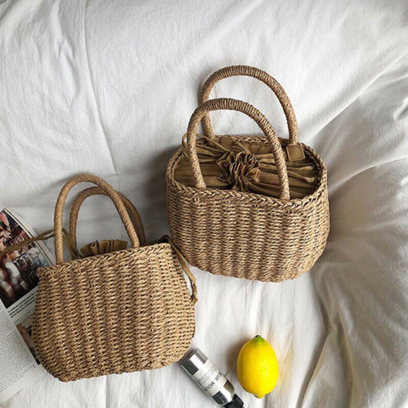 Women Straw Bag Woven Round Rattan Handbag Crossbody Summer Beach Drawstring Bags