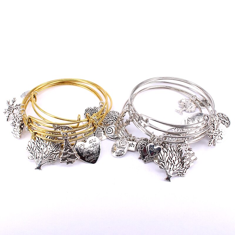 5pcs Bangle Set Wire Bracelets for Women Girls Jewllery Mixed Life Tree Charm Expandable Bracelets for Christmas C038