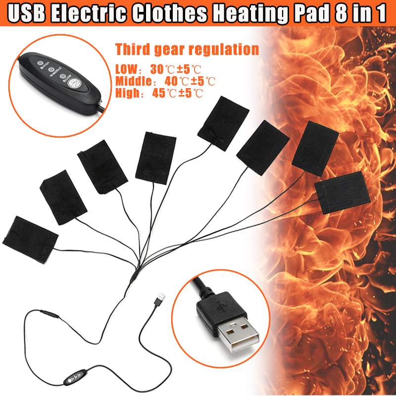 Almohadilla de calefacción eléctrica Usb de 5v 12v con 3 velocidades, temperatura ajustable, calentamiento rápido, almohadilla de calentador de fibra de carbono para chaleco y chaqueta de tela: 8 pads