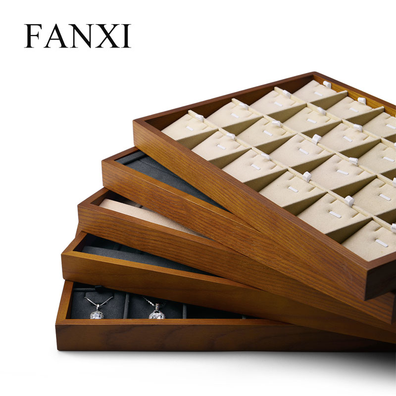 Fanxi Wooden Jewelry Display Tray with Microfiber Ring Necklace Earring Bracelet Tray Stand for Showcase Jewelry Organizer