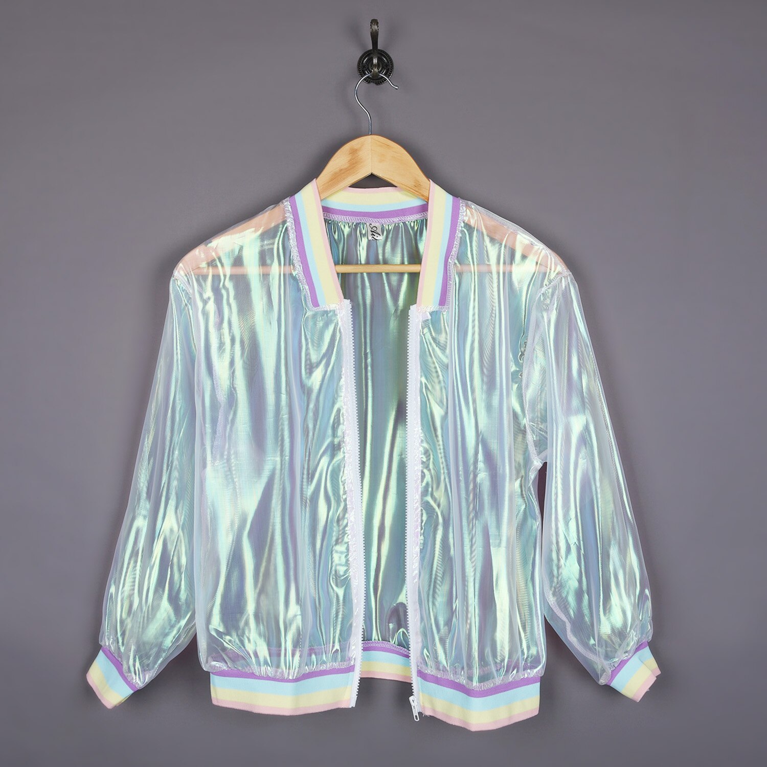 Manteau de bombardier arc-en-ciel pour femmes, hologramme symphonie irisé clair, résistant au soleil,