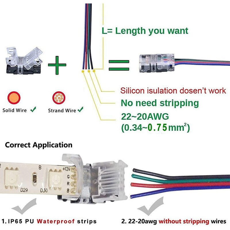 10 Packs 4 Pin Led Strip Connectors,Strip Strip, strip Wire Connector Voor Waterdichte 10Mm Rgb 5050 Led Strip Verlichting
