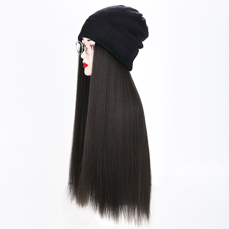 Sombrero con pelucas de pelo para mujer, pelo largo y liso, sintético, cálido y suave, gorro de punto, todo en uno, con sombrero: black