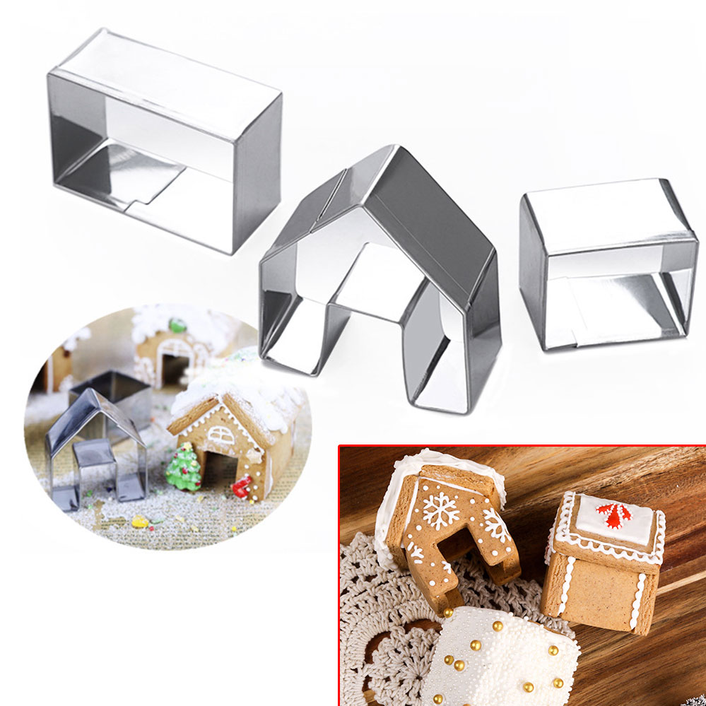 3Pcs Kerst Peperkoek Huis Biscuit Cutter Set Rvs Cookie Mould Huis Cookie Cutter