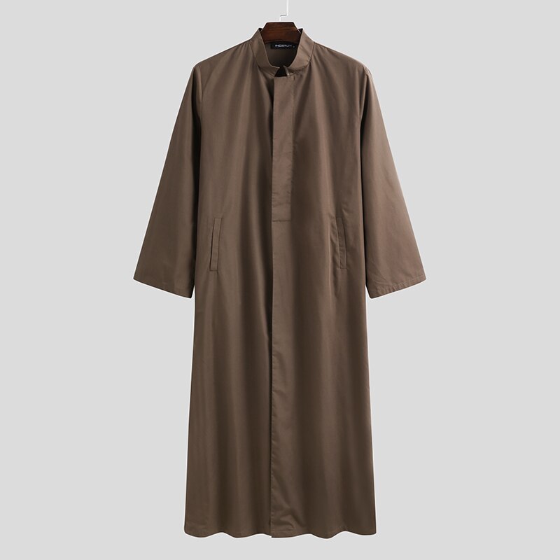 INCERUN Men Muslim Kaftan Islamic Arabic Jubba Thobe Long Sleeve Button Stand Collar Caftan Solid Color Middle East Dubai Robes: Coffee / XXXL