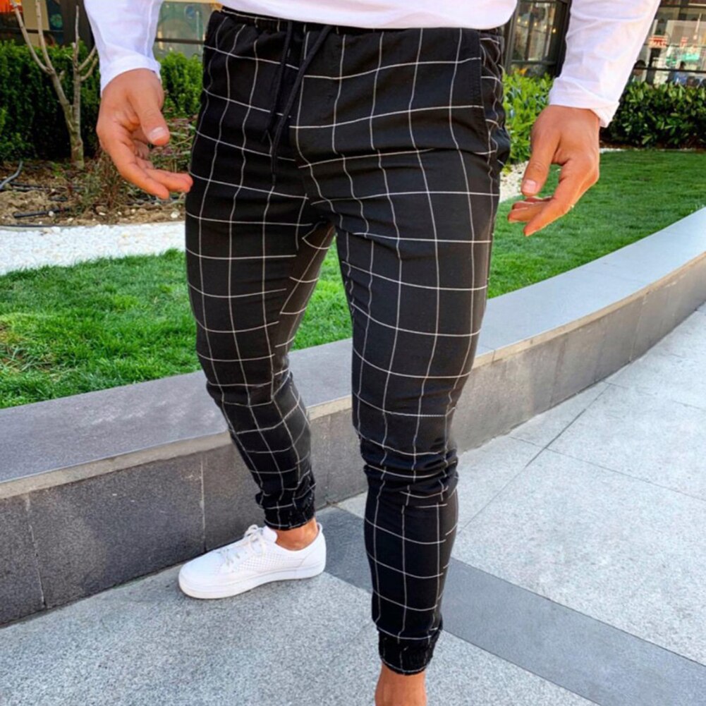 Men Plaid Print Drawstring Elastic Casual Slim Fits Pencil Pants Trousers