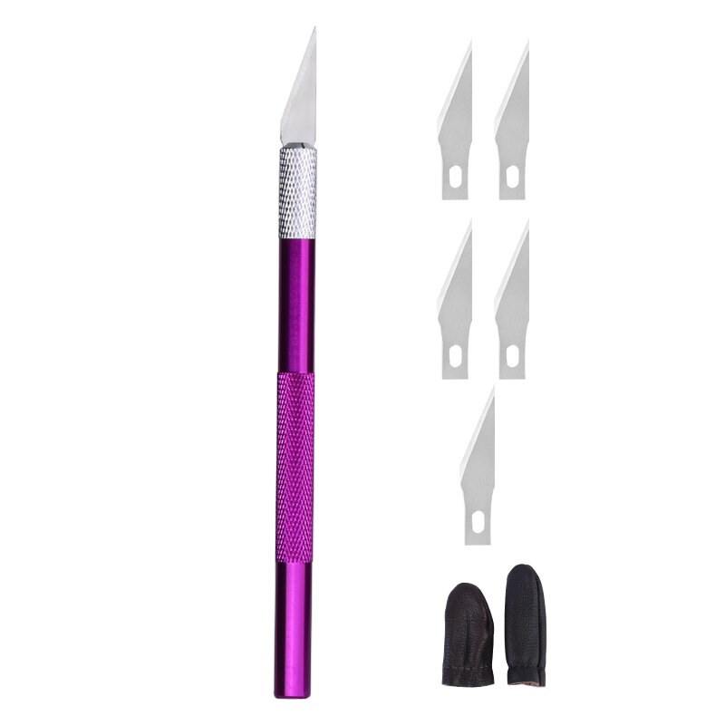 MIUSIE Engraving Cutter With 5pcs Blades And 2pcs Finger Protectors Metal Handle Leather Carving Sculpture Non-Slip Safety Knife: purple
