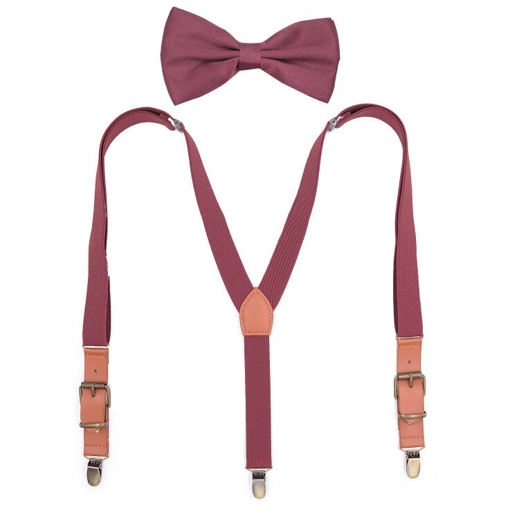 Ensemble de bretelles en cuir PU unisexe, Vintage, avec nœud papillon, ajustable, accessoires pour pantalons: wine red