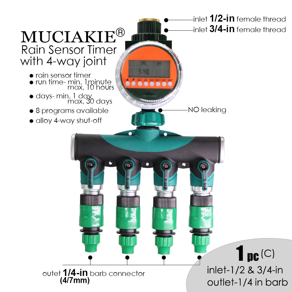 MUCIAKIE Automatic Rain Sensor Water Timer Alloy 4-Way Shut Off Electronic LED Display Garden Watering Controller Irrigation