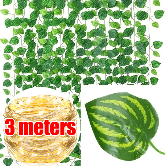 Guirnalda de luces de hojas verdes, hiedra Artificial, vid, guirnalda de luces de hadas, decoración para de boda, planta colgante de pared de habitación para el hogar y Navidad: Rosa claro