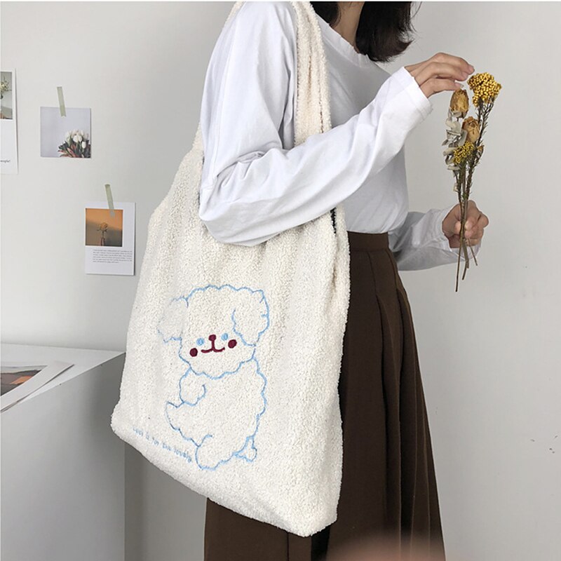 Dames schoudertassen grote capaciteit handtassen eenvoudige effen versie schattige meisjes boekentassen tote bags voor dames zoals lamswol: Beige b
