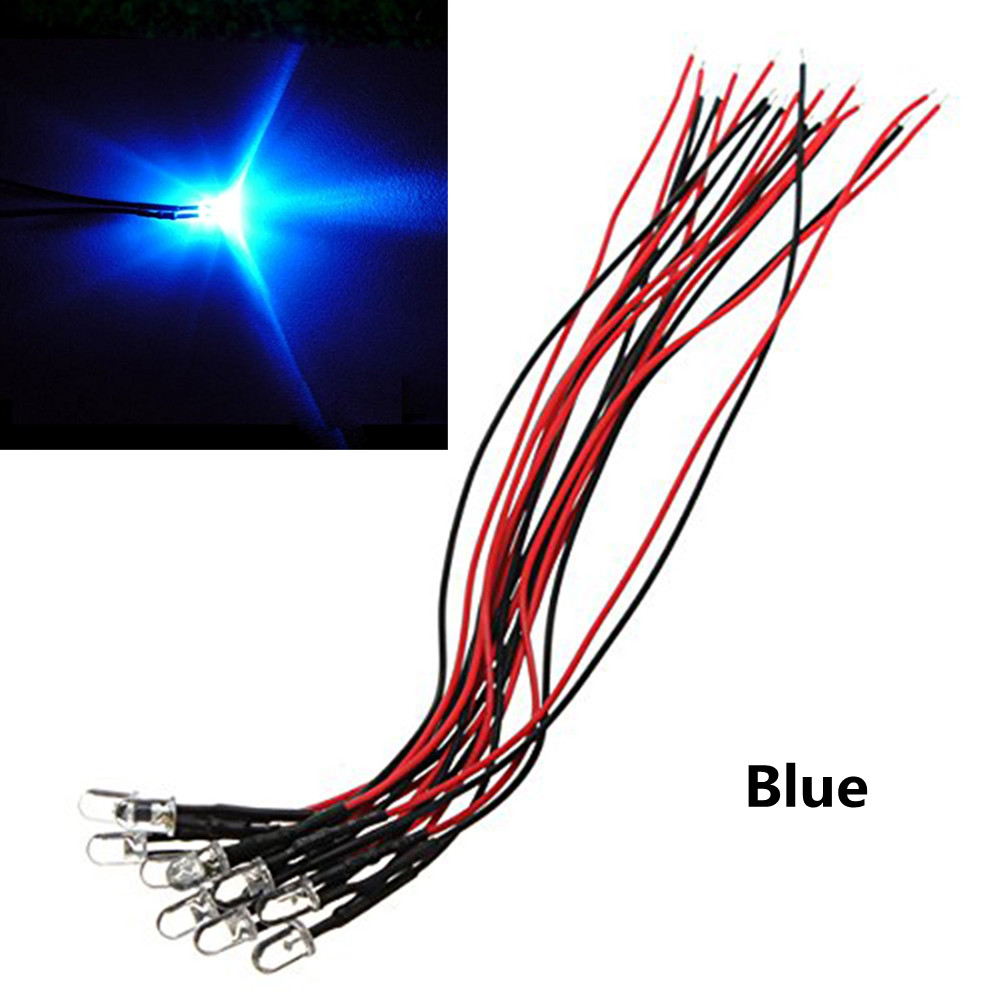LED transparente con cable de 5mm, rojo, amarillo, azul, verde, blanco, 5V, 12V CC, 20CM, 10 Uds.: Azul