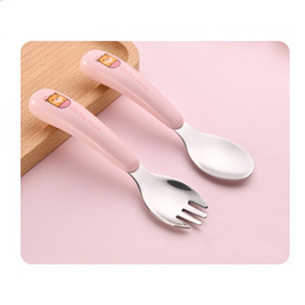 2Pc Portable Box Packed 304 Stainless Steel Kids School Lunch Use Fork and Spoon Cutlery Set Children Feeding Inox Flatware Set: Pink cat