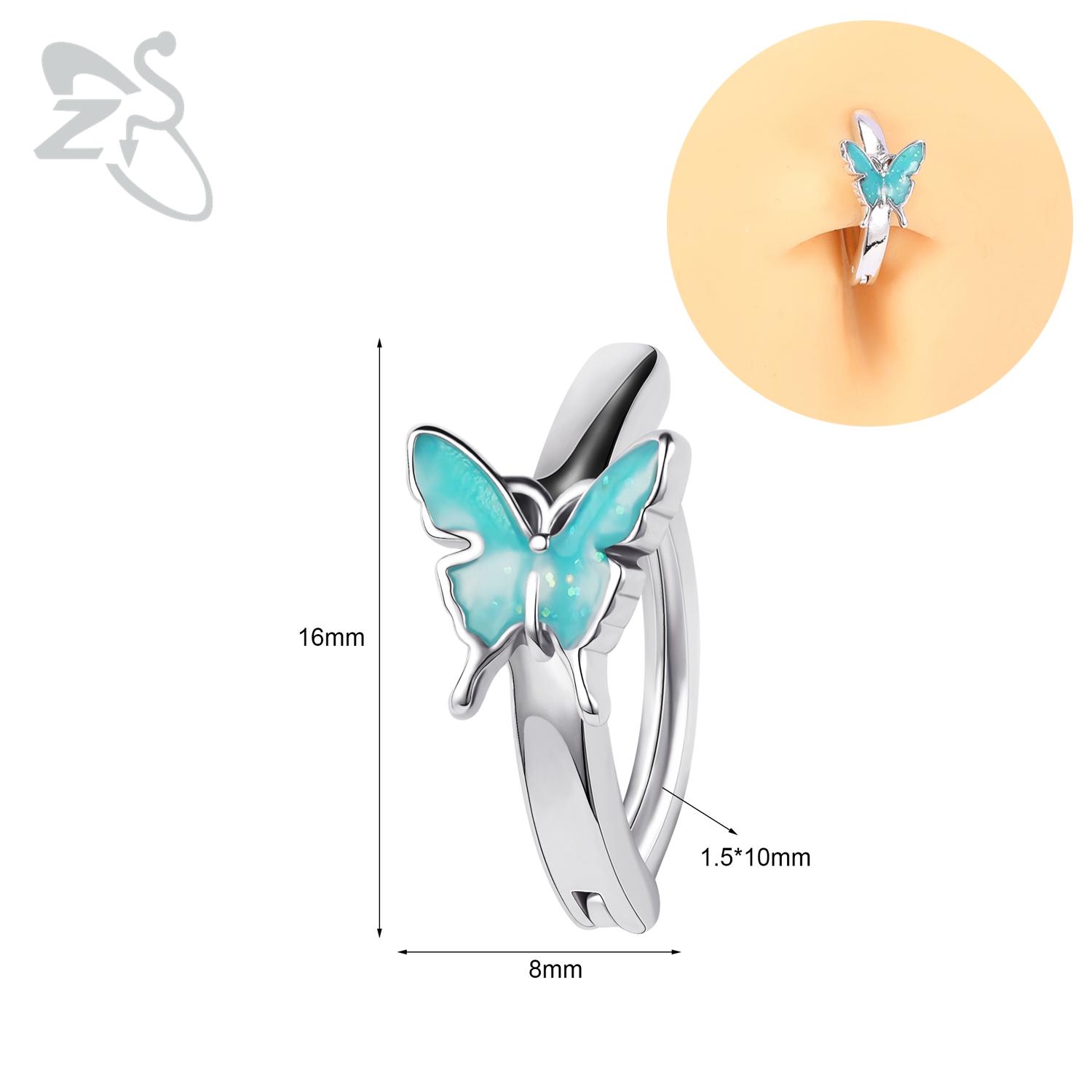 ZS 1 PC Leuke Vlinder Buik Navel Ring CZ Crystal Navelpiercings Bloem Snake Reverse Gebogen Navel Barbell Lichaam sieraden: Titanium Plated