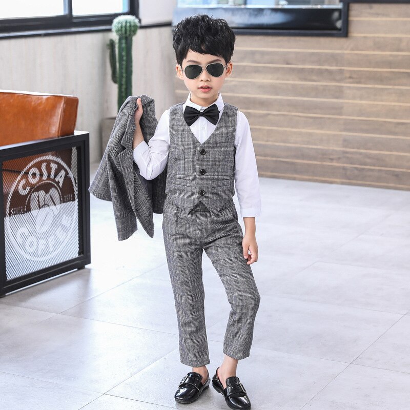 Formal Boy Plaid Gray Suit Set Children's Wedding Party Performance Costume Kids Tuxedo Vest Shirts Pants Clothing Set