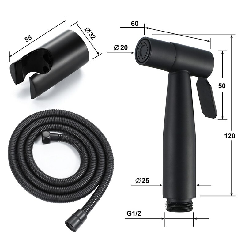Svart håndholdt bidet toalett sprøyter sett sprøyter med 1.5m slanger og brakett