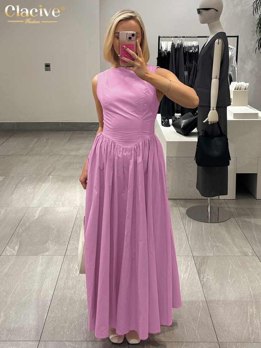 Clacive Summer Slim Pink Women's Dress O-Neck Sleeveless Ankle Length Dresses Classic Pleated Female Dress