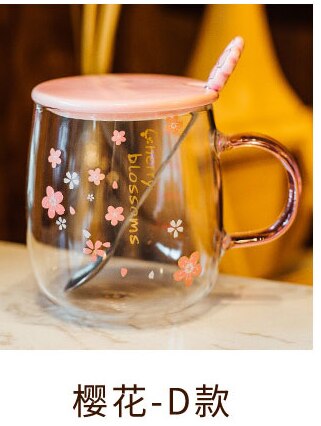Botella de agua de cristal con flor japonesa para mujer y niña, vaso de cristal con flor de cerezo rosa con cubierta de cerámica, para beber leche: Flower D