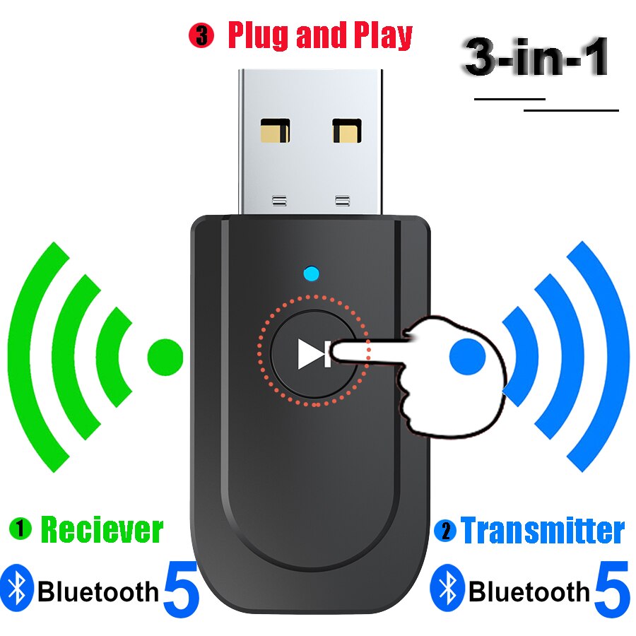 3 in1 USB Bluetooth 5.0 Audio Adapter Trasmettitore Ricevitore per il Telefono TV PC Auto AUX Stereo Senza Fili di Musica USB Spreader