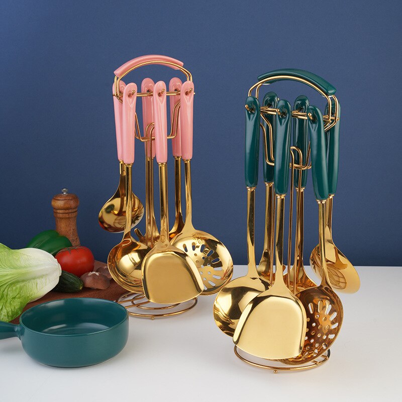 7PC Cookware Kitchenware Set Non-stick Luxury Stainless Steel Ceramic Handle Cooking Utensils Kitchen Tools Accessories