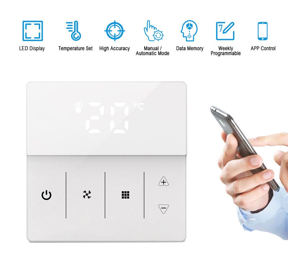 Smart Remote Control Smart WIFI RS485 Fan Coil 3 Fan Speed HVAC System 2 Pipe Cooling Thermostat Air Conditioning System: white