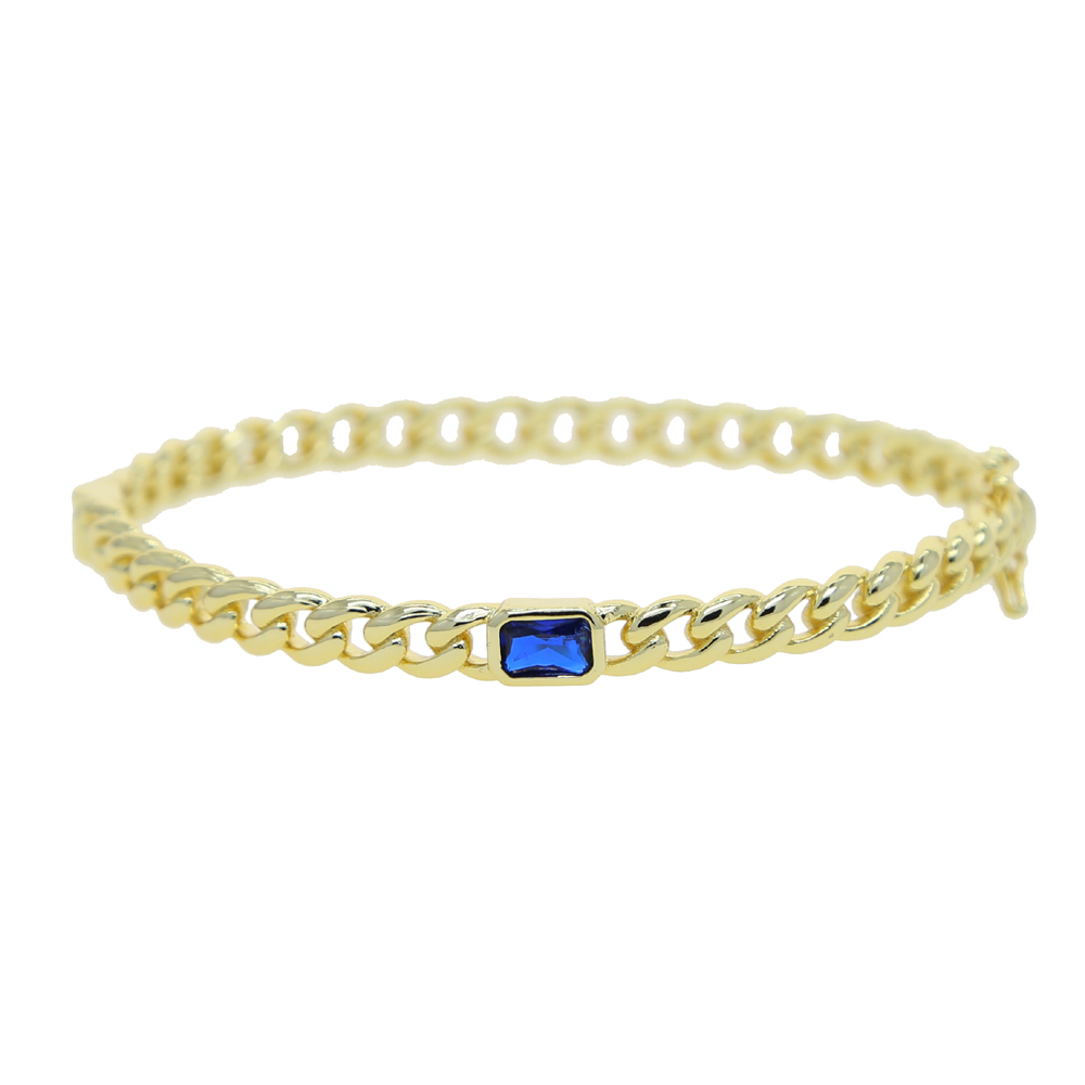Gold-colored cuban link chain band bangle bracelet with colorful rectangles, czech-style european women's jewelry: Blue