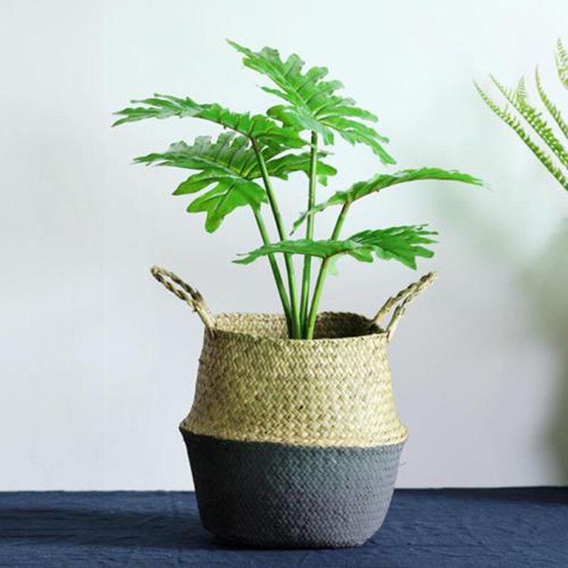 Kruka plantering organisation förvaringskorg rotting halm korg flätad sjögräs hopfällbar blomkruka hem förvaring korg blomstervas: Svart