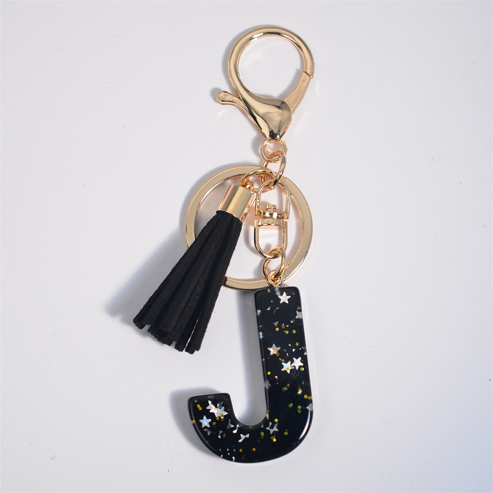 Schwarze Initialen A-Z Schlüsselanhänger Glitzer Stern Pailletten Harz Buchstaben Schlüsselanhänger mit Quaste für Frauen Tasche Ornamente Charm Autoschlüsselhalter: Silber