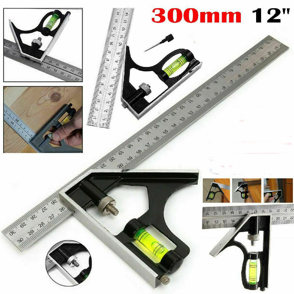 Square Ruler Set Kit 300mm (12") Adjustable Engineers Combination Try Square Right Angle Ruler Set with Spirit Level and Scriber