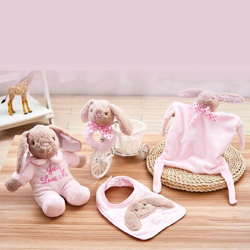 Baby Hand Belt Bunny Skin-Friendly Bite Baby Supplies Four-Piece Baby Singing Appease Towel Saliva Towel Bib Hand Rattle