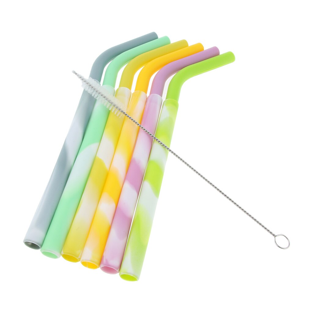 6pcs Silicone Flexible Reusable Straight Bendy Drinking Straws + Cleaning Brush Set for Elderly Patients