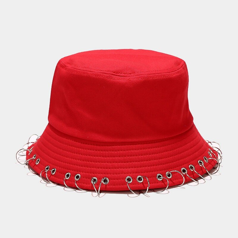 Harajuku Hip Hop Solid Color Bucket Hat Spiked Rivets Metal Rings Outdoor Wide Brim Sunscreen Fisherman Cap Women Man Panama: Red