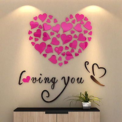 Ensemble Salle De Mariage Beauté Romatical Amour Coeur DIY 3D Miroir Acrylique Stickers Muraux Accueil Porte Art Décor: Rose Red