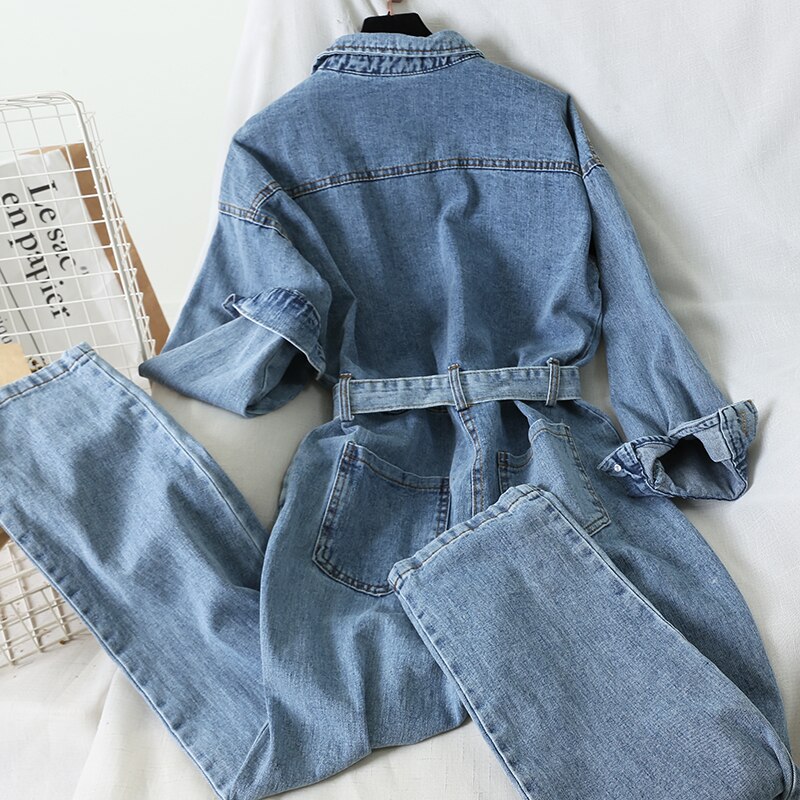 Koreanske kvinder overalls denim jumpsuit løs kvindelige højtaljede jeans lige bukser langærmede cowboy playsuit rompers jeans