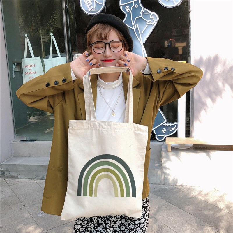 Rainbow Cotton Canvas Bag Women&#39;s Casual Shoulder Bags Lady Handbag Reusable Large Capacity Tote Bags Student Book Bag: J607-TBBG-F